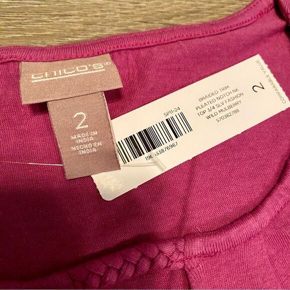 CHICO’S BRAIDED TRIM PLEATED 3/4 SLEEVE SHIRTTAIL TEE WILD MULBERRY 2 =L… - Picture 3 of 8